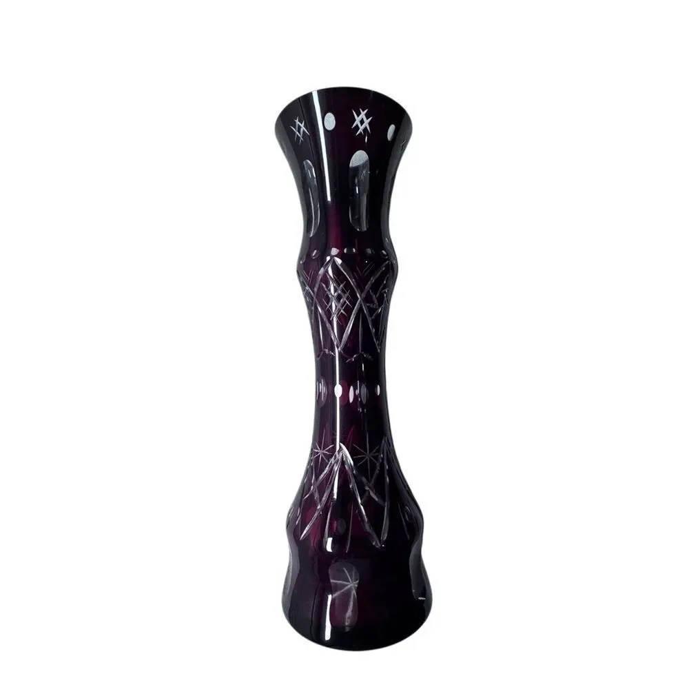 Vintage Ruby Cut Glass Boho Mid-Century Vase Floral Etched 11” Tall